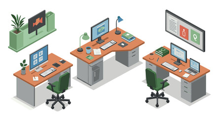 Fototapeta premium Modern isometric office workspace with desks and computers