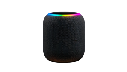 Sleek black speaker with vibrant rainbow light glow at top and bottom