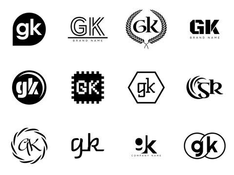 GK logo company template. Letter g and k logotype. Set different classic serif lettering and modern bold text with design elements. Initial font typography.