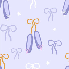 Seamless pattern with pointe shoes and bows on a lilac background. Vector illustration for printing. Cute baby background for girls. pointe shoes