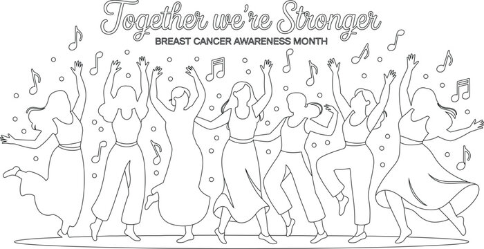 Coloring Page Women Dancing for Breast Cancer Awareness Month, Together We're Stronger Graphic