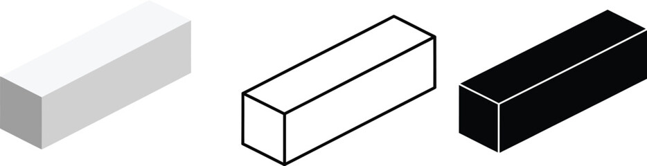 Three rectangular prisms in different styles on a white background