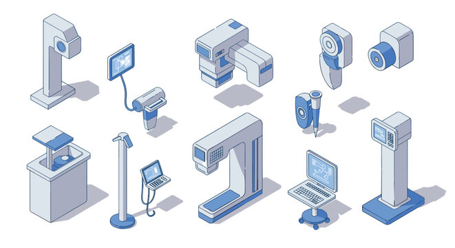 Isometric medical equipment set with modern diagnostic devices and computers