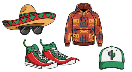 Fototapeta premium Collection mexicanthemed clothing and accessories including sombrero, sunglasses, chili pepper sneakers, patterned hoodie, and cactus baseball cap
