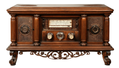 Ornate wooden cabinet holds antique radio with decorative carvings