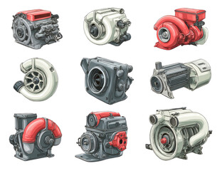 Collection of detailed, stylized illustrations of mechanical engine parts