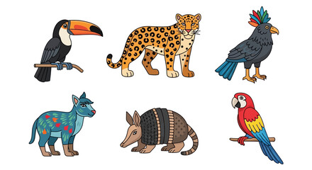 Naklejka premium Collection six colorful cartoon animals including toucan, jaguar, macaw, armadillo, and two other unique creatures, all isolated on