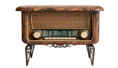 Old wooden radio with ornate legs and tuning dial