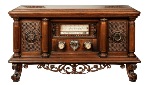 Ornate wooden cabinet holds antique radio with decorative carvings