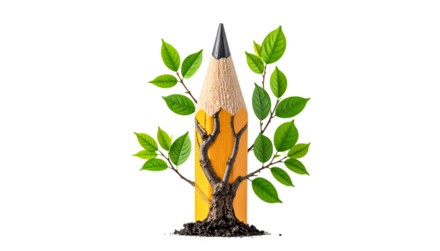 Pencil growing branches and leaves, symbol of creativity and intellectual growth, isolated on transparent background.