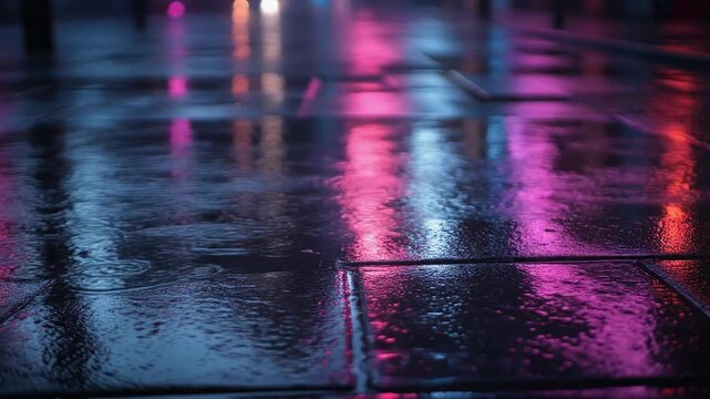 雨に濡れた夜の路面にネオンが揺らめく都市の情景