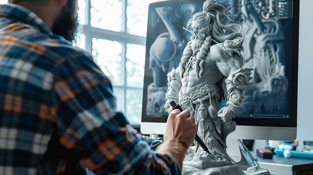 Focused 3d artist working on a fantasy character design on his computer in his studio at home