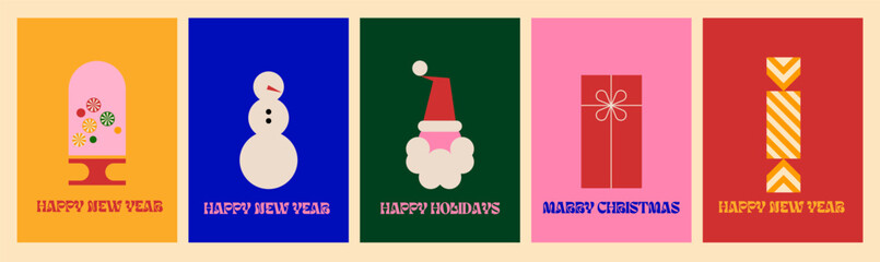 Happy New Year Vertical Illustration. Geometric Naive Holiday Design with Santa Claus, Gifts, and Snowman. Bold Minimalist Christmas Art for Social Media and Digital Cards.