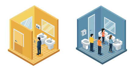 Isometric public restroom design: comparative hygiene and accessibility features