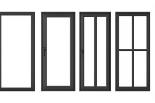 Window frames set in dark grey, realistic architectural elements with transparent glass, home construction and design