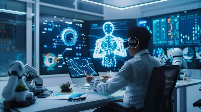 Innovative scientist analyzing human body data and research with advanced technology in laboratory