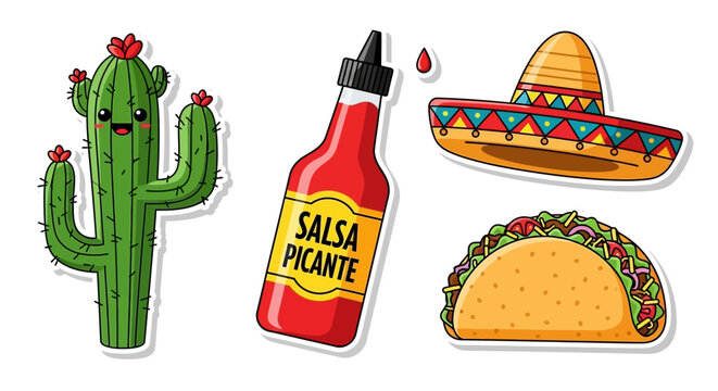 Cute cartoon mexican cultural icons including smiling cactus, bottle salsa picante, sombrero, and taco, all isolated on, perfect for festive designs and culinary themes