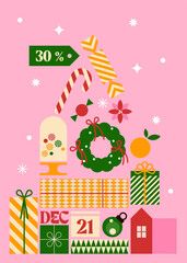 Happy Holidays Vertical Illustration. Geometric Naive Christmas Design with Gifts, Sweets, Wealth Symbols, and Cozy House. Bold Minimal Festive Art for Sale Marketing, Posters, and Social Media.