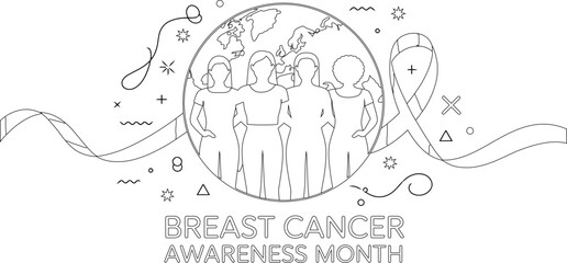Obraz premium Breast Cancer Awareness Month Outline with Women, Earth, and Ribbon for Coloring Pages