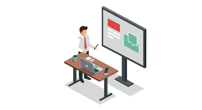 Isometric office presentation: presenter using smartboard in modern workspace