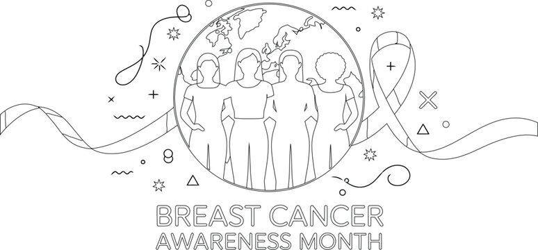 Breast Cancer Awareness Month Outline with Women, Earth, and Ribbon for Coloring Pages