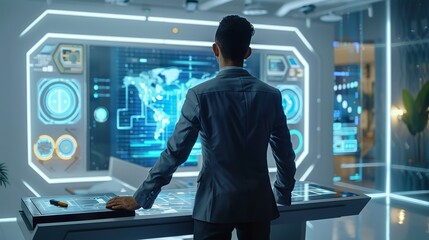 Man in modern control room analyzing data on a large screen with world map and charts