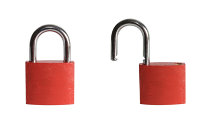 PNG image with two red padlocks, one locked and one unlocked. Isolated on transparent background for design, security, and privacy concepts.