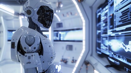 Robot in futuristic control room analyzing data on a large screen with world map and charts