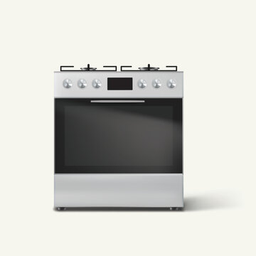 A clean, contemporary white gas range with a digital display, four burners, and a large oven door is showcased against a neutral background.