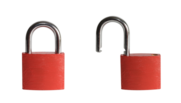 PNG image with two red padlocks, one locked and one unlocked. Isolated on transparent background for design, security, and privacy concepts.