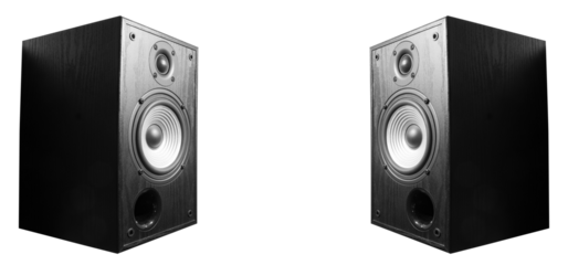 PNG banner with two speakers on the edges and a free space in the center for your design on transparent background.