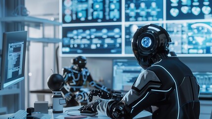 Futuristic laboratory with two advanced humanoid robots working on scientific research and development project