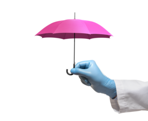 High quality PNG of hand in a medical gown and gloves holds a pink umbrella on transparent background.