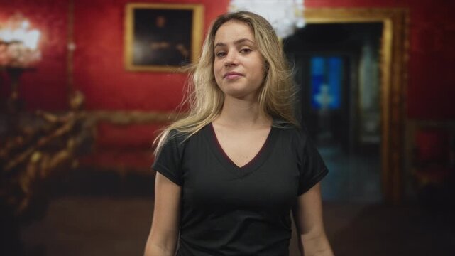 Young blonde woman wearing black tshirt with hands palms up shrug in museum building ornate gallery interior; playful curiosity.