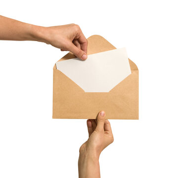 PNG image of a human hand holding an open paper envelope with a visible letter inside. Isolated on transparent background for communication, message, and mail concepts.