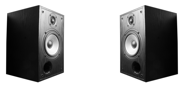 PNG banner with two speakers on the edges and a free space in the center for your design on transparent background.