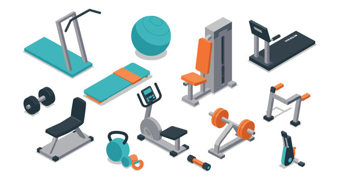 Modern gym equipment collection in isometric style for fitness enthusiasts