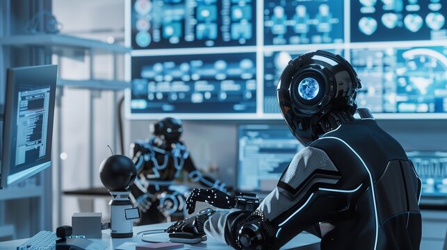 Futuristic laboratory with two advanced humanoid robots working on scientific research and development project