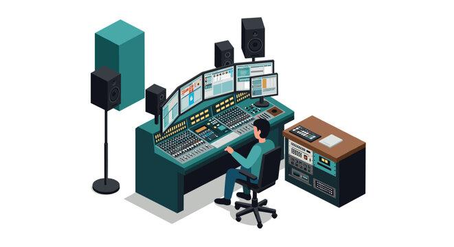 Modern isometric music production studio with sound engineer at mixing console - Powered by Adobe
