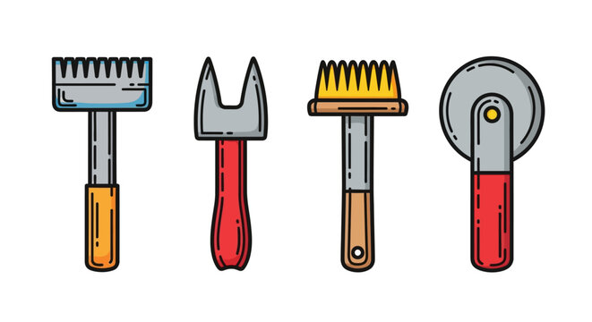 Collection four different types tools, including rake, fork, brush, and pizza cutter, all isolated on