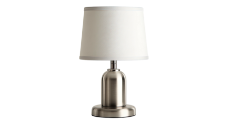 Metallic bedside lamp with white fabric shade, modern design