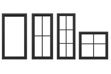 Black window frames collection on transparent background, a set of architectural elements for construction and design