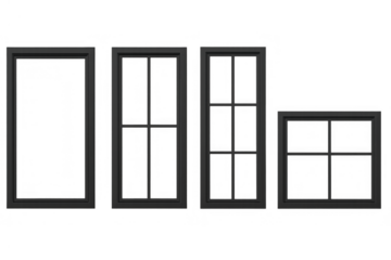 Black window frames collection on transparent background, a set of architectural elements for construction and design