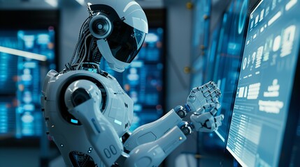 Humanoid robot working with touch screen interface in a futuristic laboratory for data analysis and research