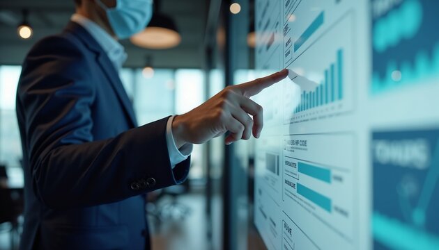 A young Asian man in a suit and face mask points at a digital screen displaying financial graphs in a modern office environment.