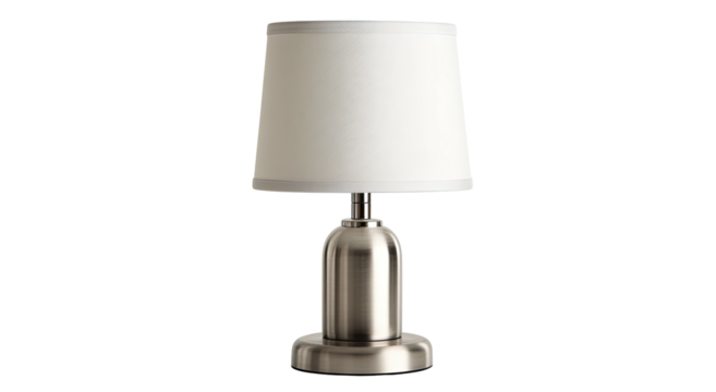 Metallic bedside lamp with white fabric shade, modern design