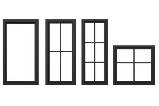 Black window frames collection on transparent background, a set of architectural elements for construction and design