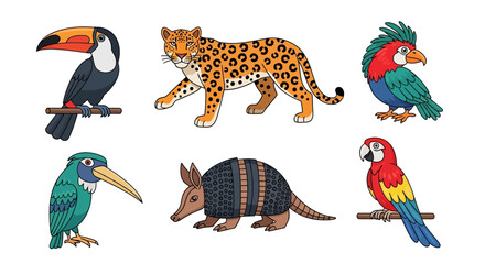 Naklejka premium Set south american wildlife including jaguar, toucan, macaw, parrot, armadillo, and colorful bird