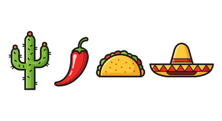 Collection mexican cultural icons including cactus, chili pepper, taco, and sombrero
