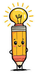 Cheerful pencil with light bulb head radiates bright idea
